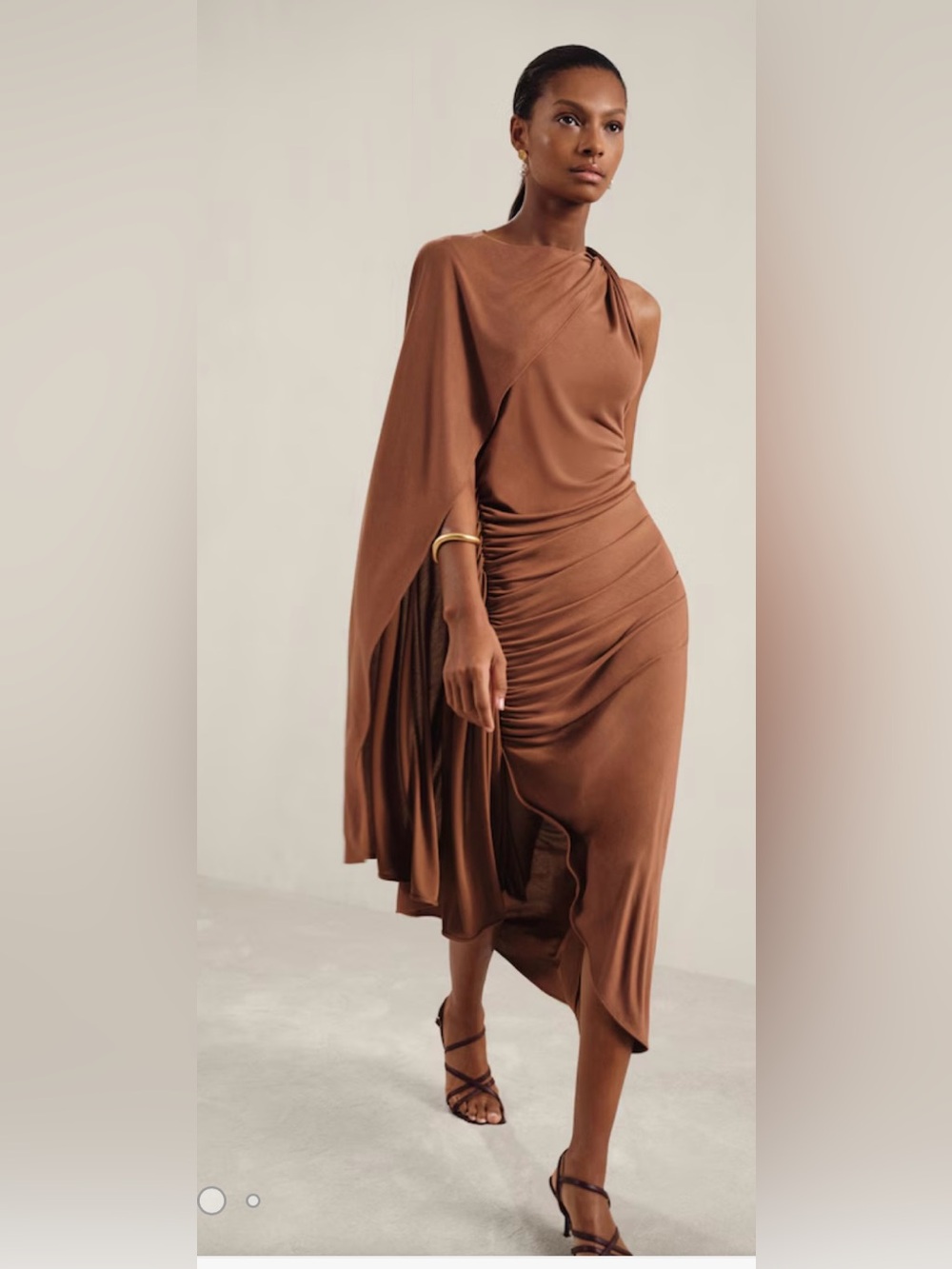 Reiss Kyra Elegant One-Shoulder Brown Draped Midi Dress